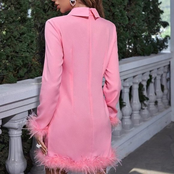 Pink Fuzzy Feathered Trim Long sleeved mini Dress - Picture 3 of 4